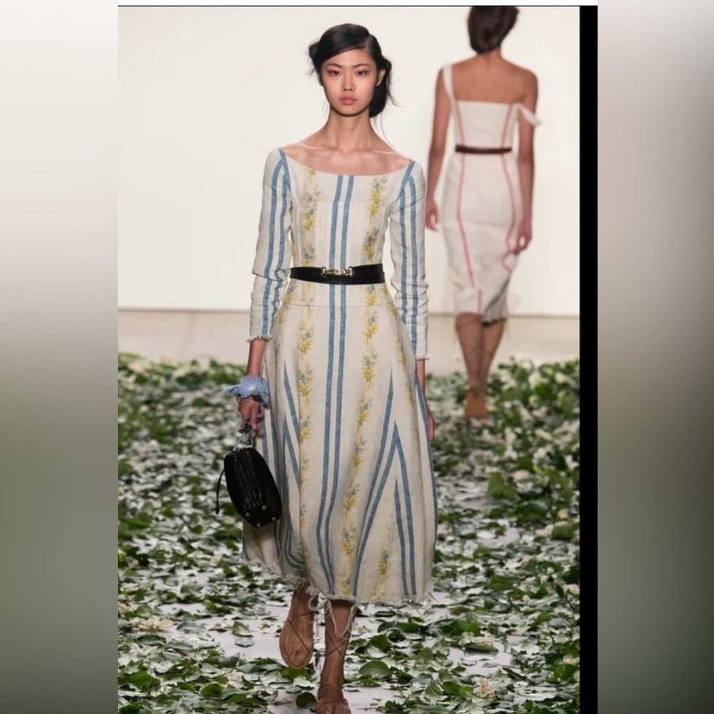 The Brock Collection Runway Dress, Vintage-Floral Embroidered Striped Linen NWT